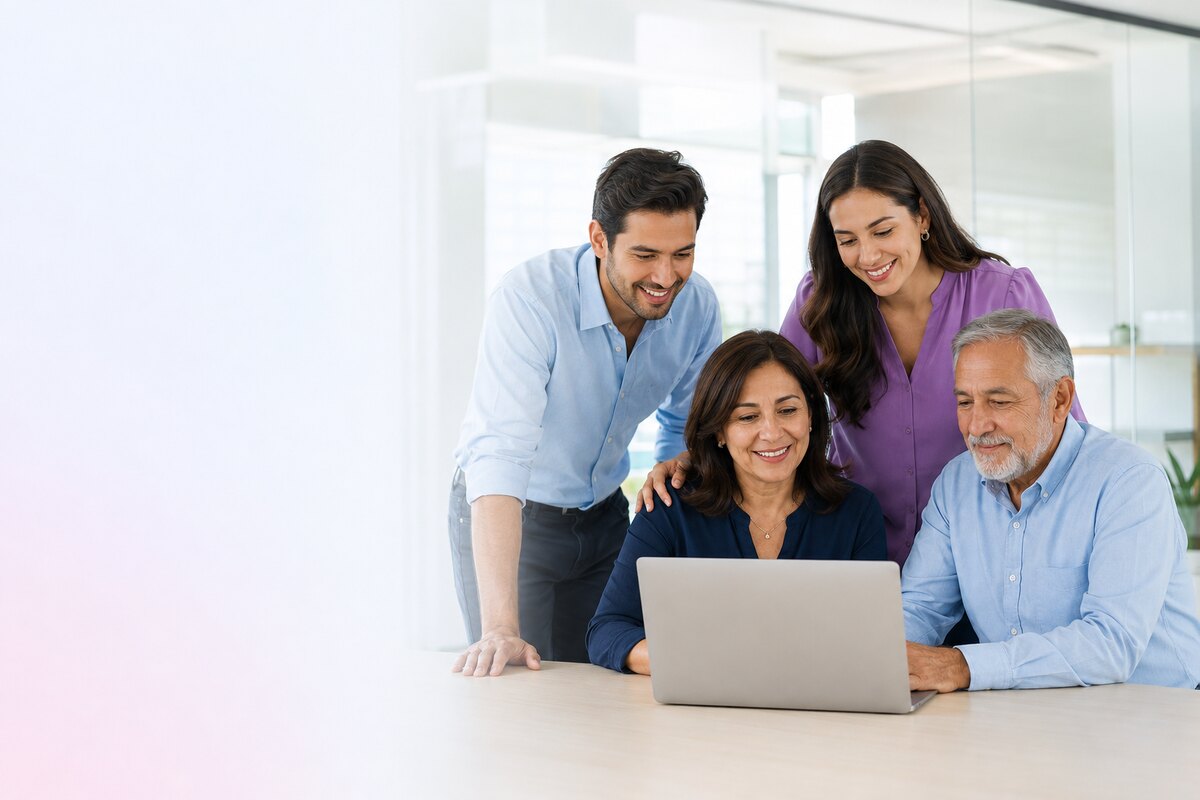 Familia empresaria multigeneracional trabajando en equipo